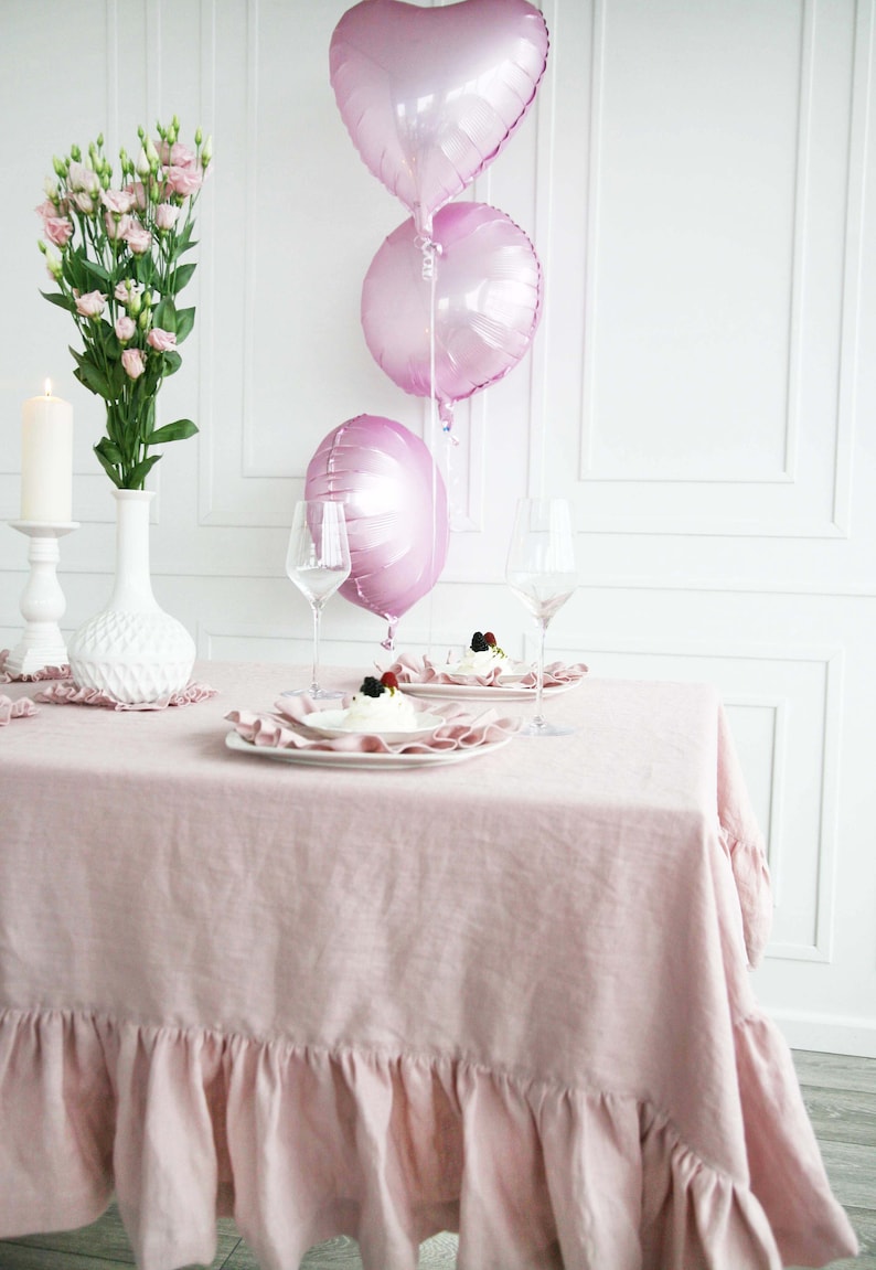 Linen Ruffled Dusty Rose Tablecloth Custom Pastel Tablecloth From Soft Stone Washed Linen Pink Handmade Tablecloth With Ruffle image 7