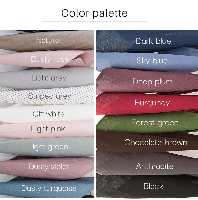 May include: A color palette of 16 fabric swatches, including natural, dusty rose, light grey, striped grey, off white, light pink, light green, dusty violet, dusty turquoise, dark blue, sky blue, deep plum, burgundy, forest green, chocolate brown, anthracite, and black.