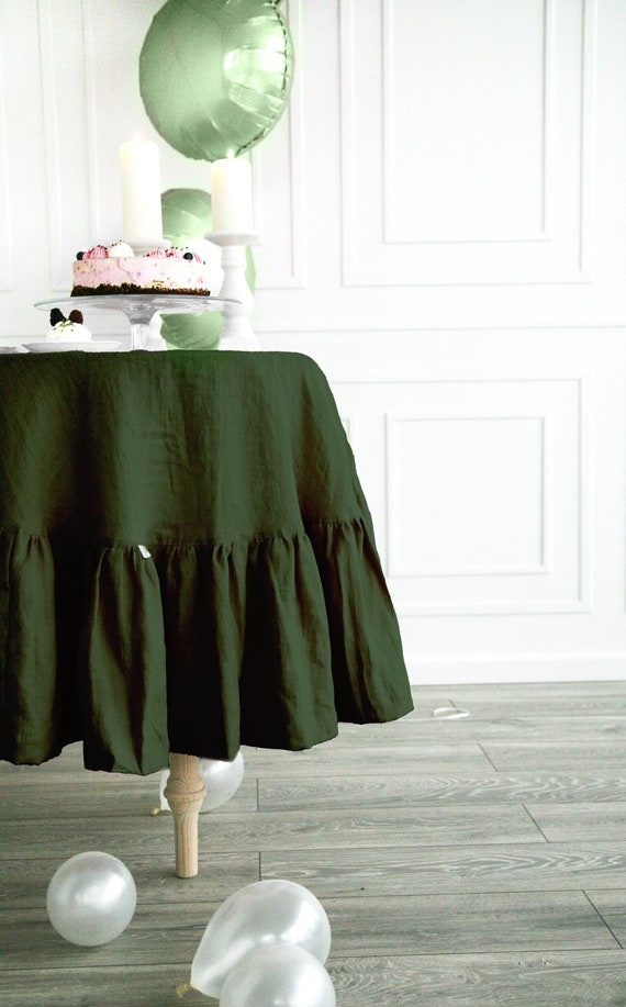 Runde geraffte Waldgrün Tischdecke/Maßgeschneiderte steingewaschene Leinen Tischdecke für den Frühling/Handgemachte festliche Tischdecke mit eleganten Rüschen