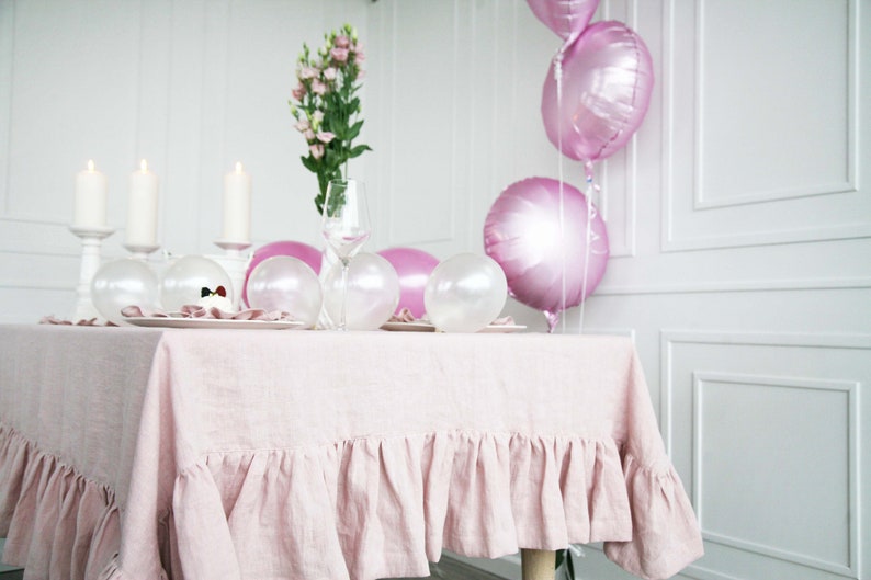 Linen Ruffled Dusty Rose Tablecloth Custom Pastel Tablecloth From Soft Stone Washed Linen Pink Handmade Tablecloth With Ruffle image 5