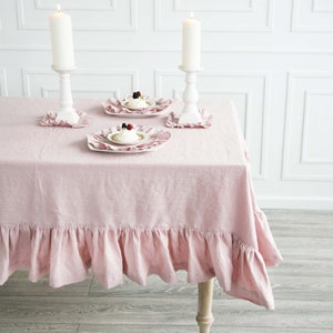 Linen Ruffled Dusty Rose Tablecloth Custom Pastel Tablecloth From Soft Stone Washed Linen Pink Handmade Tablecloth With Ruffle image 2