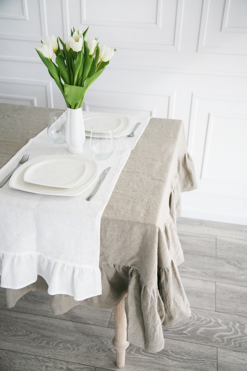 Ruffled table runner, custom table runner from organic linen fabric, boho table runner with ruffle, table base with ruffled ends image 4