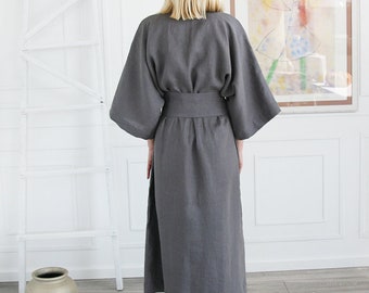 Stonewashed Linen kimono robe for women, Long linen wrap dress, Handmade kimono robe from eco friendly linen, Soft eco unisex kimono