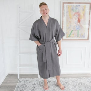 Custom handmade mens robe, Kimono boheme from soft linen, Soft mens bathrobe with 3/4 sleeves, Ankle-length cardigan from stonewashed linen image 1