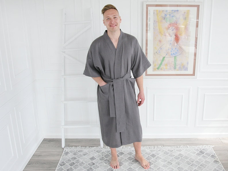 Custom handmade mens robe, Kimono boheme from soft linen, Soft mens bathrobe with 3/4 sleeves, Ankle-length cardigan from stonewashed linen image 1