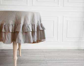 Round natural tablecloth with double ruffle/Custom pastel linen tablecloth/Soft stonewashed linen tablecloth/Handmade oatmeal tablecloth