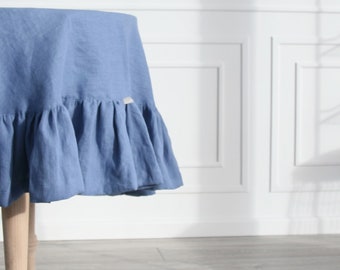 Round ruffled sky blue tablecloth/Custom dark linen tablecloth/Soft stonewashed linen tablecloth/Handmade dark tablecloth with ruffle