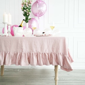 Linen Ruffled Dusty Rose Tablecloth Custom Pastel Tablecloth From Soft Stone Washed Linen Pink Handmade Tablecloth With Ruffle image 6