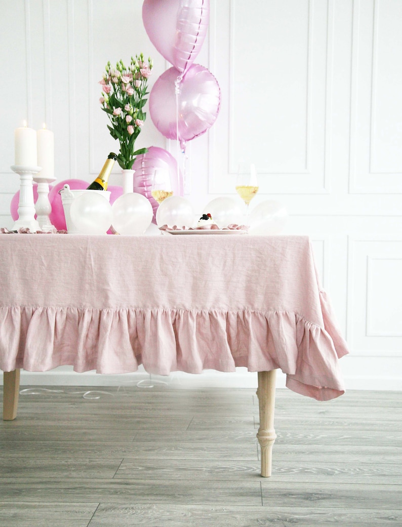 Linen Ruffled Dusty Rose Tablecloth Custom Pastel Tablecloth From Soft Stone Washed Linen Pink Handmade Tablecloth With Ruffle image 6
