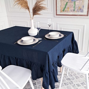 Linen Sky Blue Ruffled Tablecloth, Custom Dark Tablecloth From Softened Stone-Washed Linen, Navy Blue Tablecloth With Ruffle image 4