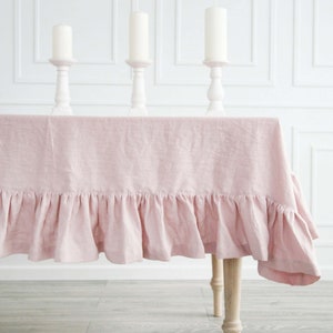 Linen Ruffled Dusty Rose Tablecloth | Custom Pastel Tablecloth From Soft Stone Washed Linen | Pink Handmade Tablecloth With Ruffle