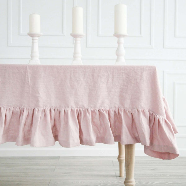 Leinen Rüschen Altrosa Tischdecke | Individuelle Pastellfarbene Tischdecke aus weichem stone washed Leinen | Rosa Handgemachte Tischdecke Mit Rüschen