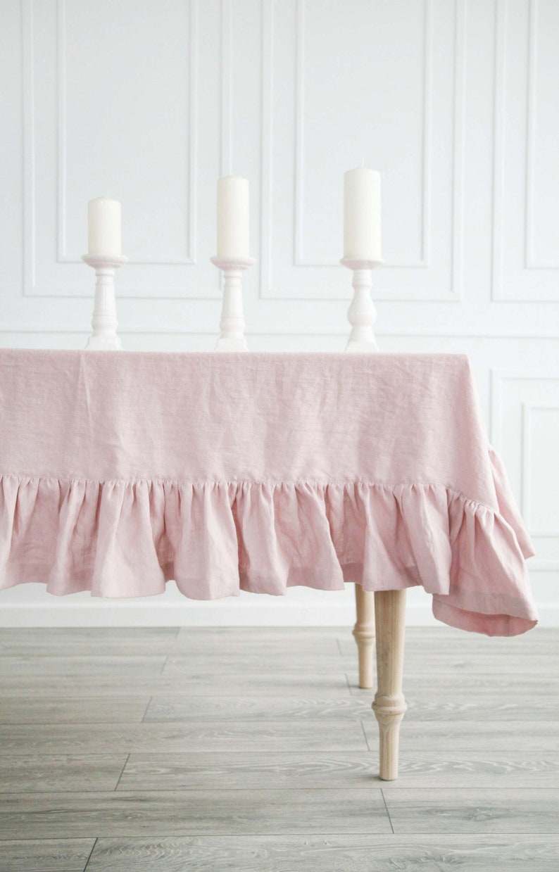 Linen Ruffled Dusty Rose Tablecloth Custom Pastel Tablecloth From Soft Stone Washed Linen Pink Handmade Tablecloth With Ruffle image 1