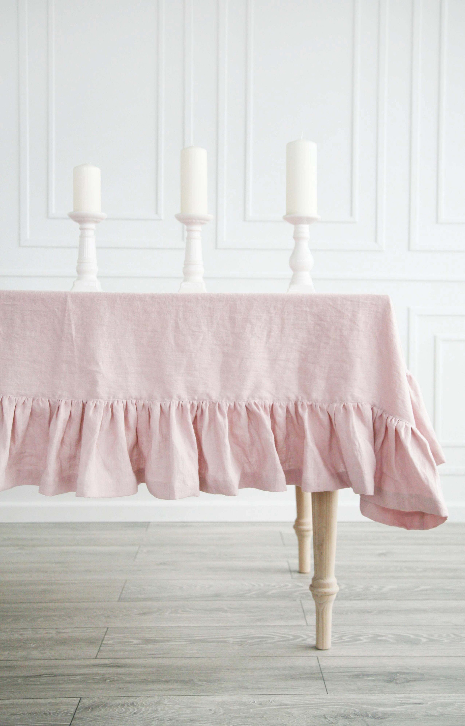 Linen Ruffled Dusty Rose Tablecloth | Custom Pastel Tablecloth From Soft Stone Washed Linen | Pink Handmade Tablecloth With Ruffle