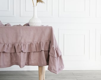 Double ruffle dusty violet tablecloth/Custom pastel linen tablecloth/Stonewashed linen tablecloth/Handmade light tablecloth with ruffle