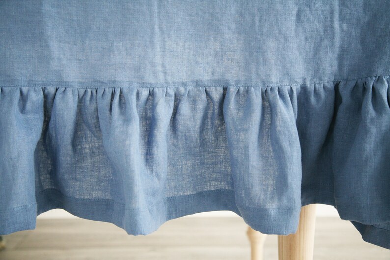 Linen Sky Blue Ruffled Tablecloth, Custom Dark Tablecloth From Softened Stone-Washed Linen, Navy Blue Tablecloth With Ruffle image 3