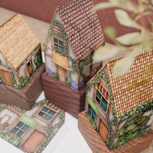 May include: Several miniature, hand-painted houses with brown tile and thatched roofs. The houses are decorated with climbing vines, flowers, and small windows. They are set on wooden blocks, with a flat, printed house design in the foreground.