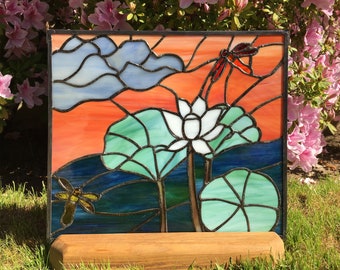 White Lotus with Dragonflies Stained Glass Panel, Nature Scene in Stained Glass, Buddhist Art, Handmade Crafts