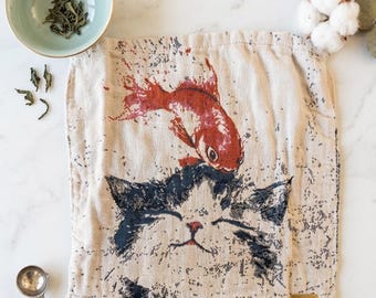 Strofinaccio da cucina assorbente con disegni di gatti, pesci rossi, farfalle e uccelli, ideale anche come decorazione per la casa.