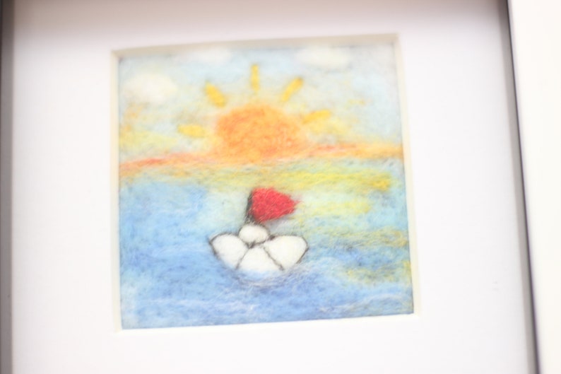 Needle Felted Paper Boat Sunset Picture In Box Frame
