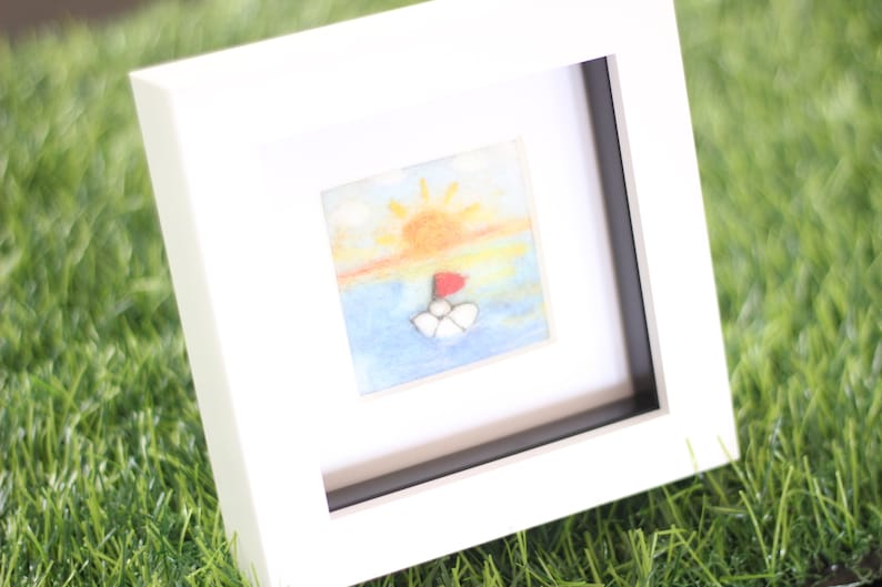Needle Felted Paper Boat Sunset Picture In Box Frame