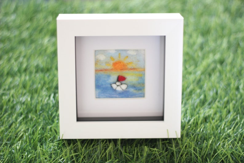 Needle Felted Paper Boat Sunset Picture In Box Frame