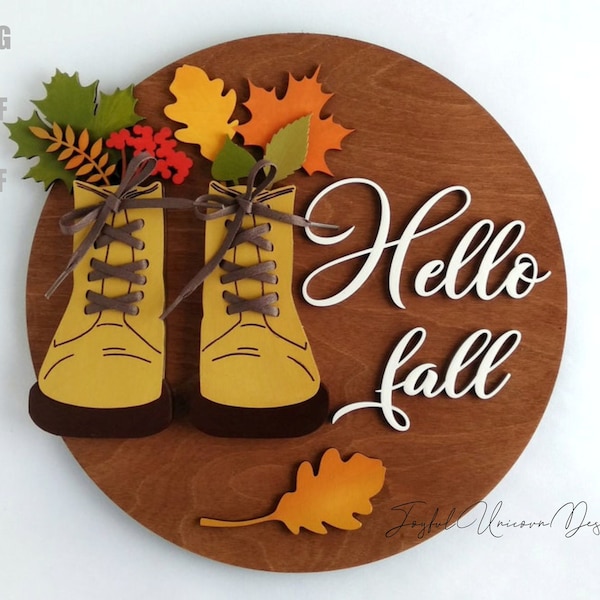 Hello Fall Sign SVG, Fall Round Wood Sign SVG, Fall Door Hanger SVG, Rain Boots Round Sign svg, Autumn Round Sign svg, Glowforge ready file