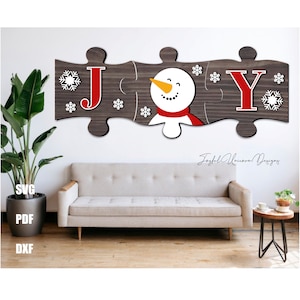 Rompecabezas JOY Muñeco de nieve SVG Letrero de pared navideño de invierno Archivo cortado con láser Decoración de rompecabezas navideño para Glowforge Xtool Archivo de descarga digital