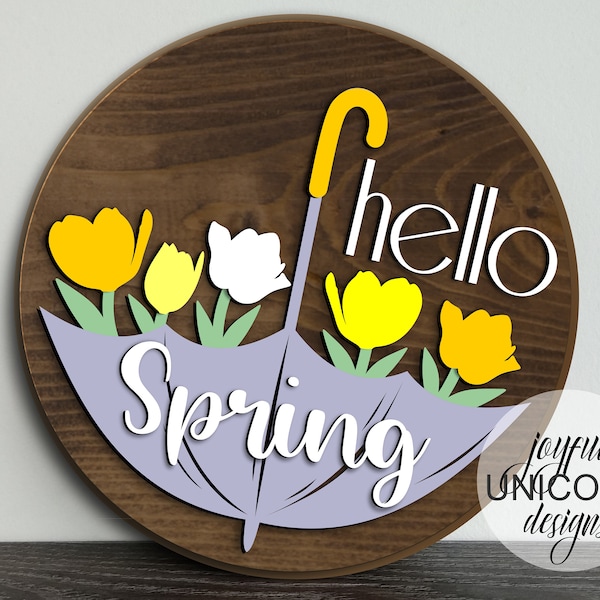 Hello Spring Sign SVG, Umbrella Door Hanger SVG, Tulip Door Hanger SVG, Spring Welcome Sign, Glowforge and Cricut Ready File, Laser Cut File