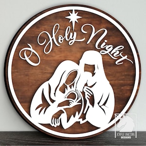 O Święta Noc Scena Narodzenia SVG Jezus Maryja Józef Okrągły Znak Laserowo Wycinany Plik Boże Narodzenie Chrześcijański Dekoracja PDF DXF dla Glowforge Cricut Xtool