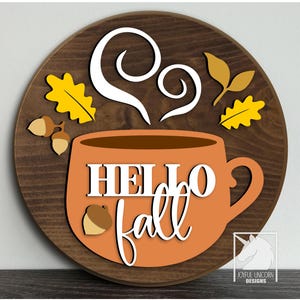 Bonjour automne tasse à café signe accroche-porte automne automne avec glands et feuilles découpé au laser signe rond fichier DXF SVG Glowforge en téléchargement numérique