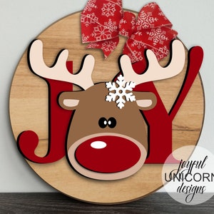 Joy Christmas hout ronde SVG schattig rendier gezicht deurhanger SVG Glowforge en Cricut klaar bestanden kerst herten voordeur decor