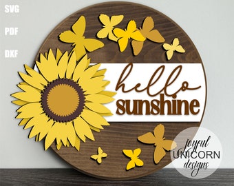 Hello Sunshine Round Sign SVG, Sunflower Door Hanger SVG, Glowforge and Cricut Ready File, Summer Front Door Decor, Summer Welcome Sign