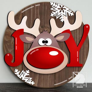 Joy Christmas ronde deurhanger SVG, grillige rode neus rendieren teken, wintervakantie welkom veranda teken, digitaal downloadbestand