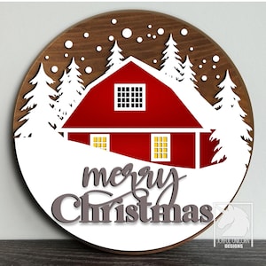 File di taglio laser per appendere la porta del fienile invernale in formato SVG con scena di neve, cartello rotondo per Glowforge XTool Cricut, decorazione natalizia per porta d'ingresso