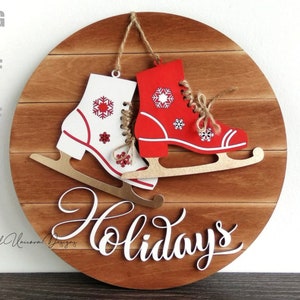 Schaatsvakantie teken SVG winter deurhanger lasergesneden bestand kerst schaatsen ronde teken Glowforge Cricut Xtool PDF DXF digitale download