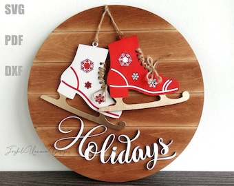 Christmas Ice Skates SVG, Christmas Door Hanger, Ready Glowforge File, Christmas Wood Round Sign SVG, Christmas Laser cut file