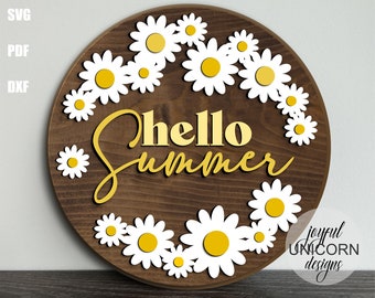 Hello Summer Round Sign SVG, Daisy door Hanger SVG, Summer Welcome Sign, Laser Cut File, Glowforge Ready File, Cricut svg File, CNC File