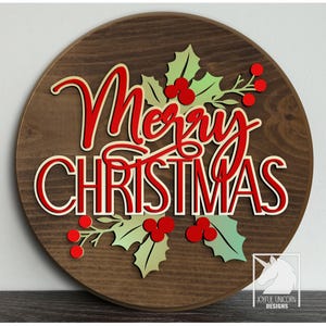 Placa de Feliz Natal SVG Holly Christmas Door Hanger Arquivo de corte a laser Placa redonda de feriado SVG DXF Glowforge XTool Cricut Download digital