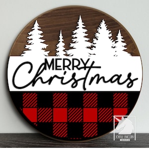 Cartello di Buon Natale in formato SVG con appendino per porta natalizio in stile fattoria a quadri Buffalo, file tagliato al laser, cartello natalizio in formato SVG, file Glowforge SVG