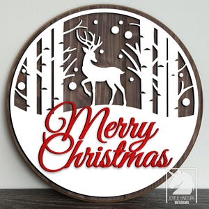Enfeite de porta de floresta de inverno SVG de rena de feliz Natal, arquivo cortado a laser, placa redonda de feriado para Glowforge XTool Cricut SVG DXF, download de arquivo