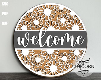 Daisy Welcome Round Sign SVG, Summer Door Hanger, Farmhouse Spring Sign SVG, Front Door Decor, Glowforge and Cricut File, CNC File