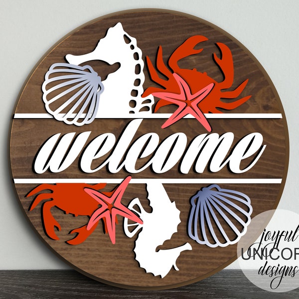 Beach House Welcome Sign SVG, Nautical Door Hanger SVG, Ocean Animals Wood Round Sign, Glowforge and Cricut Ready File, Summer Door Decor