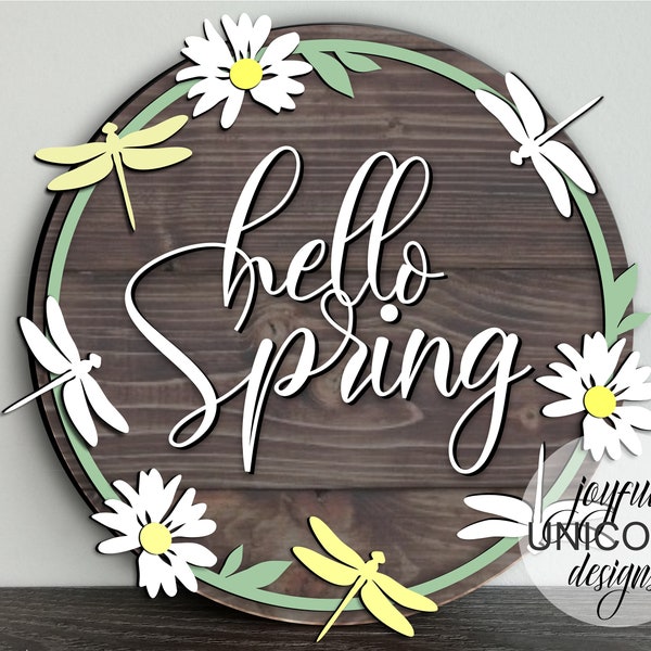 Hello Spring Sign SVG, Spring Door Hanger SVG, Daisy Round Sign SVG, Dragonfly Door Hanger, Laser Cut file, Wood Round Sign svg