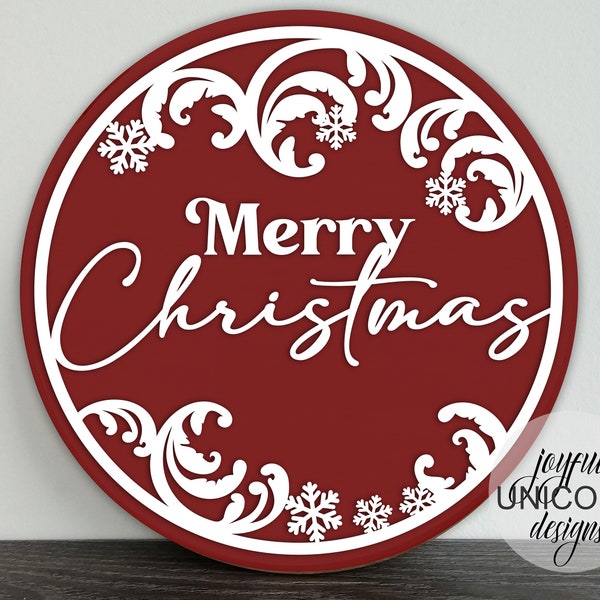 Merry Christmas deur hanger SVG, Kerstmis welkom teken SVG, kerst veranda teken SVG, Glowforge klaar bestand, sneeuwvlok ronde teken SVG