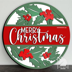 Placa de Feliz Natal SVG, Suporte de Porta de Azevinho de Natal SVG, Placa de Boas-Visco, Placa Redonda para Glowforge XTool Cricut, Arquivo DXF de Férias