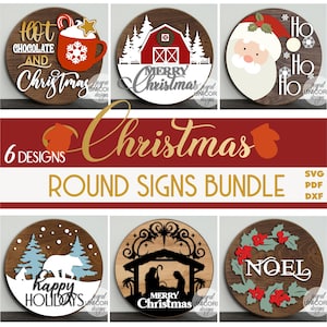 Christmas Wood Round Signs SVG Bundle, Winter Holidays Door Hangers SVG, Glowforge and Cricut Ready Files, Laser Cut Files, Front Door Signs