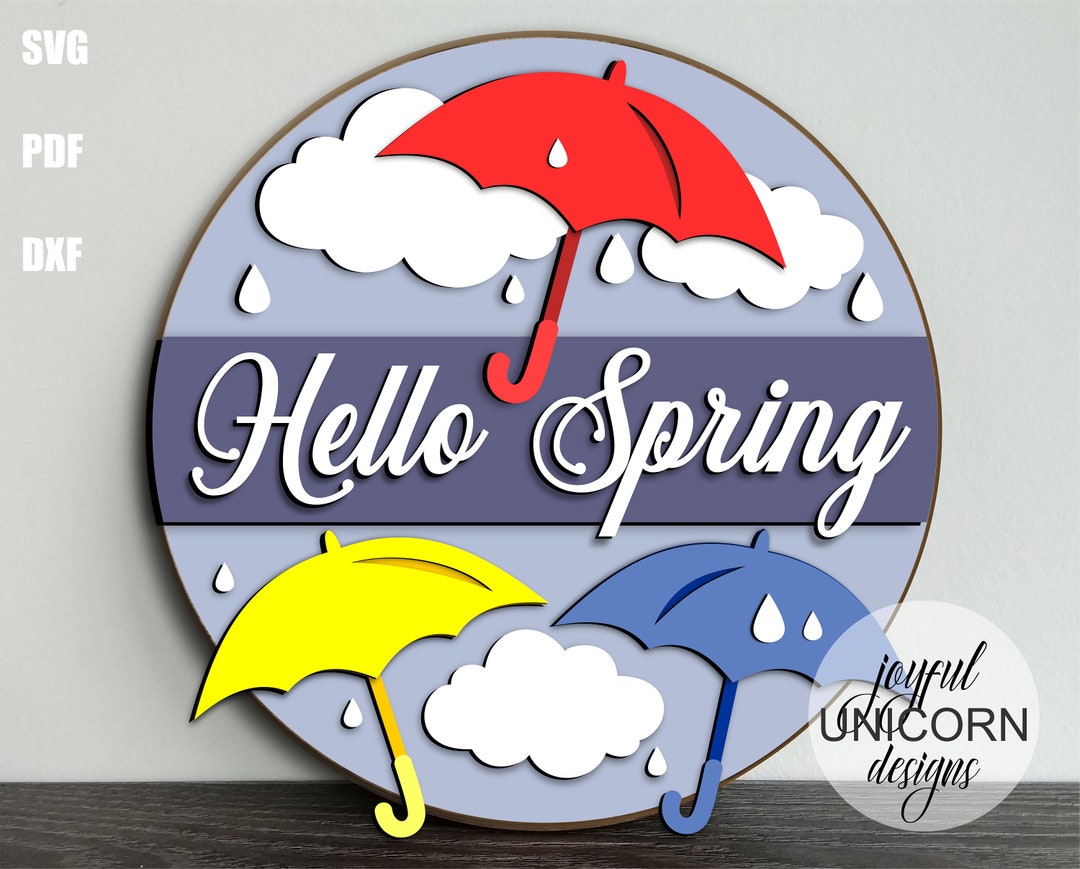 Hello Spring Round Sign SVG, Umbrella Door Hanger SVG, Spring Welcome ...