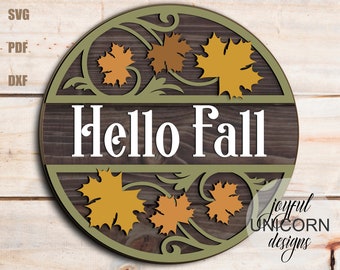 Hallo herfst ronde teken SVG, esdoorn bladeren deur hanger SVG, herfst welkom teken, laser gesneden bestand, Glowforge en Cricut klaar bestand, veranda teken