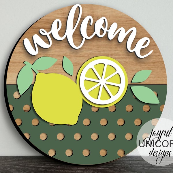 Lemon Welcome Sign SVG, Summer Door Hanger SVG, Round Wood Sign, Glowforge and Cricut Ready File, Laser Cut File, Front Door Decor